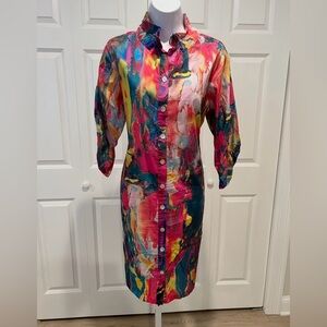 Soft Surroundings Multicolor Abstract Long Sleeve Buttoned Down Dress